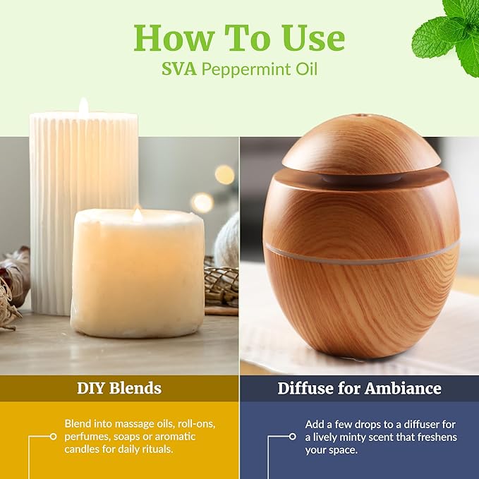 SVA Peppermint Essential Oil – 4 Fl Oz – 100% Natural Peppermint Oil - for Diffuser, Hair Care, Face, Skin Care, Aromatherapy, Scalp and Body Massage, Soap and Candle Making - with Dropper-Velvo Beauty