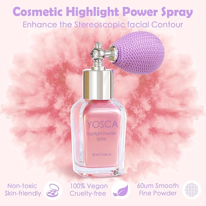 Yosca Highlighter Powder Spray, 20ML Cosmetic Grade Shimmer Powder Pink Glitter Spray Sparkle Highlighter Makeup Festival Concert Accessorise for Rave Clothes Hair Face Nail Art - Taromash-Velvo Beauty