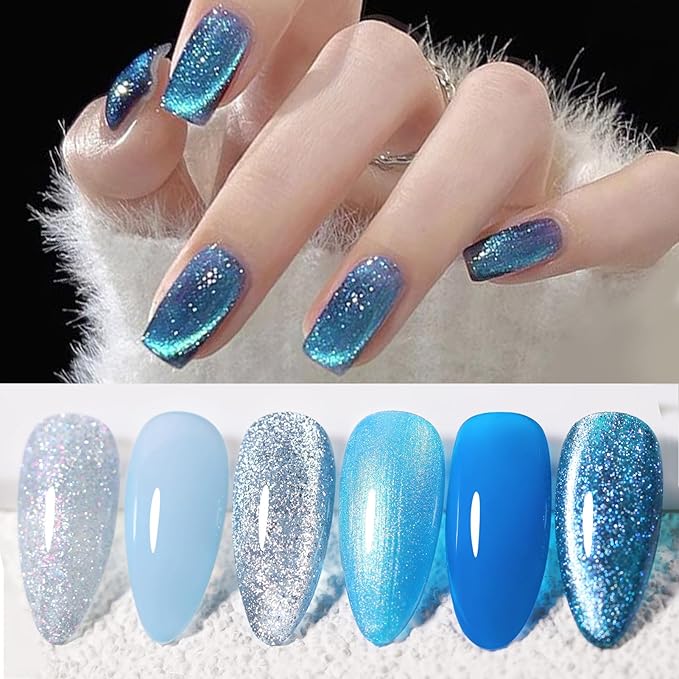 Born Pretty Gel Nail Polish Blue Series,Jelly Transparent,Cat Magnetic Eye,Shimmer Glitter Holographic Blue Gel Polish Kit for Salon Manicure and Nail Art DIY at Home 6Colors-Velvo Beauty