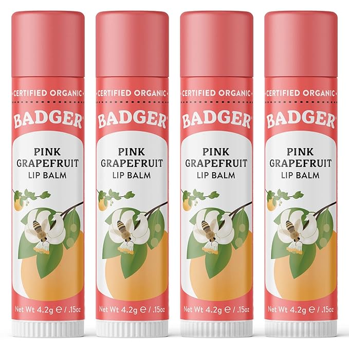 Badger - Classic Lip Balm, Pink Grapefruit, Made with Organic Olive Oil, Beeswax & Rosemary, Certified Organic, Moisturizing Lip Balm, 0.15 oz (4 Pack)-Velvo Beauty