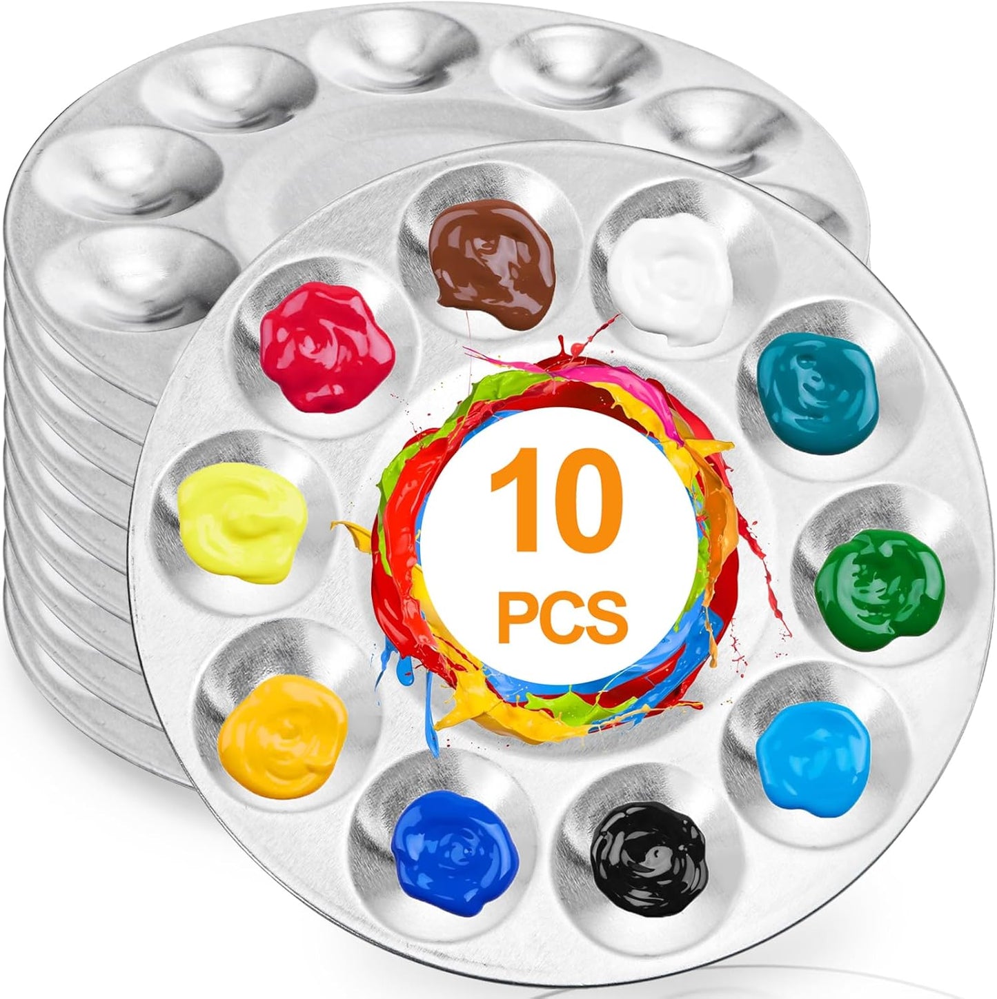 10 Pack Paint Tray Palettes, 6.7" Metal Paint Mixing Pallets, 10-Well Painting Palette, Washable Round Paint Holder Tray for DIY Craft Professional Watercolor Oil Art Painting Project, Silver-Velvo Beauty