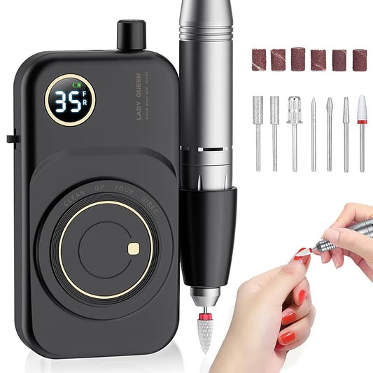 Portable Nail Drill Electric File: 35000RPM Professional Rechargeable Nail E File Machine,for Acrylic Nails Gel Polishing Removing, Cordless Efile with Bits Kit for Manicure Salon Home (Black)-Velvo Beauty