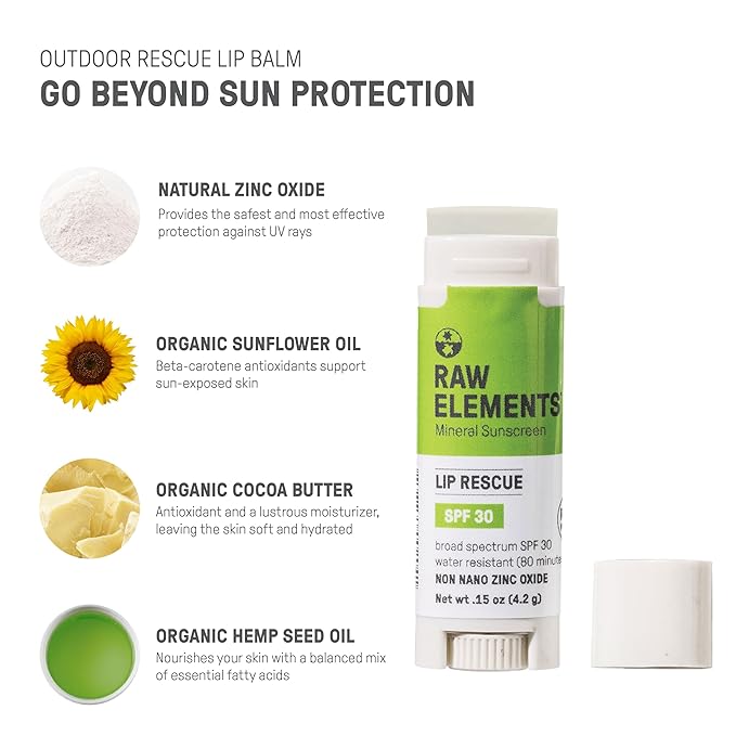 Raw Elements Organic Outdoor Sunscreen Lip Balm Rescue - SPF 30, UVA-UVB Protection, Reef-Safe, Non-Nano Zinc, Water Resistant, 0.15 oz (Pack of 1)-Velvo Beauty