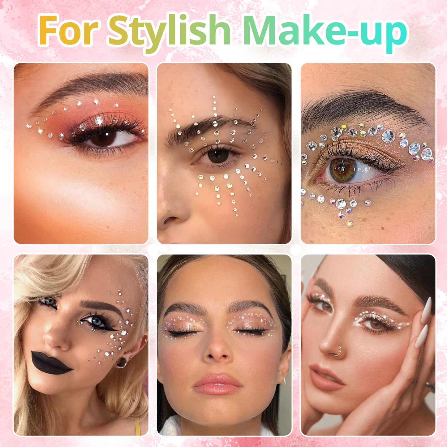 1.5-6mm Round Flatback Face Gems Kit (Clear) for Makeup with Quick Dry Glue + Brush + Tweezer, Nail Art Rhinestones Transparent White Glass Crystal Beads for Make-up Deco-Velvo Beauty