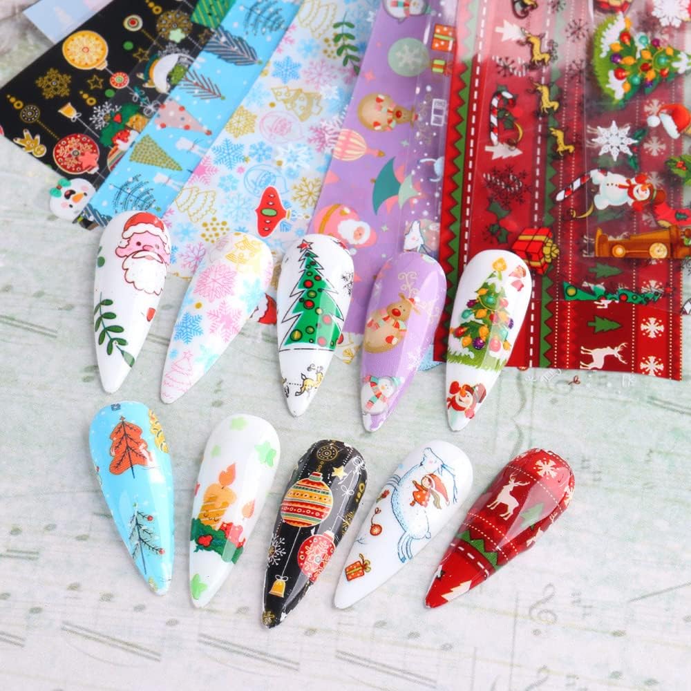 Christmas Nail Stickers Decals Nail Foil Transfer Sticker 10 Sheets Christmas Santa Tree Snowflake Deer Xmas Holiday Decorations Stickers for Manicure Supplies-Velvo Beauty