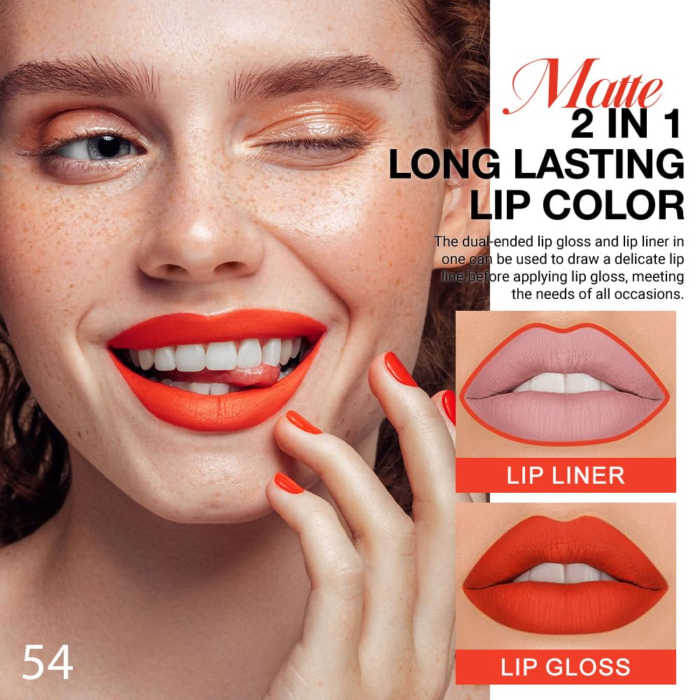 evpct 1Pcs Orange Red Matte Lip Liner & Liquid Lipstick Stain Makeup Set for Women, Orange Red Lip Liner Stain Long Lasting Waterproof Smudge Proof, Cruelty Free Lip Stick Makeup 24 hours originale 54-Velvo Beauty