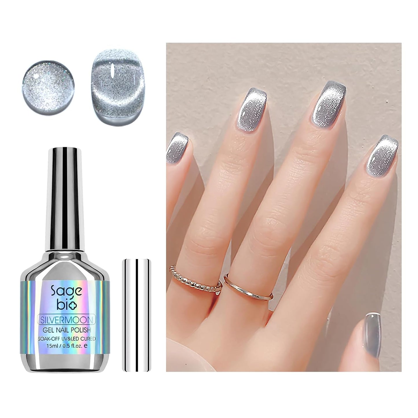 Cat Eye Gel Nail Polish with Magnet Stick, 15ml Glitter Holographic Nail Polish, Magnetic Effect Gel for Home DIY Manicure Gift, Silver Dust-Velvo Beauty