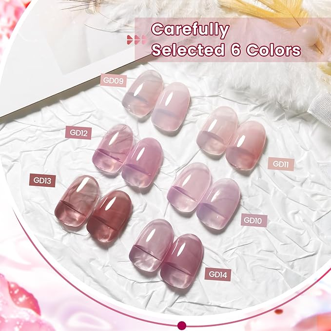 JODSONE 6PCS Jelly Gel Nail Polish Set 6Colors 10ml Long Lasting Neutral Nude Pink Pale Purple Jelly Gel Polish Art for Nail and Salon Need U V Lamp-Velvo Beauty