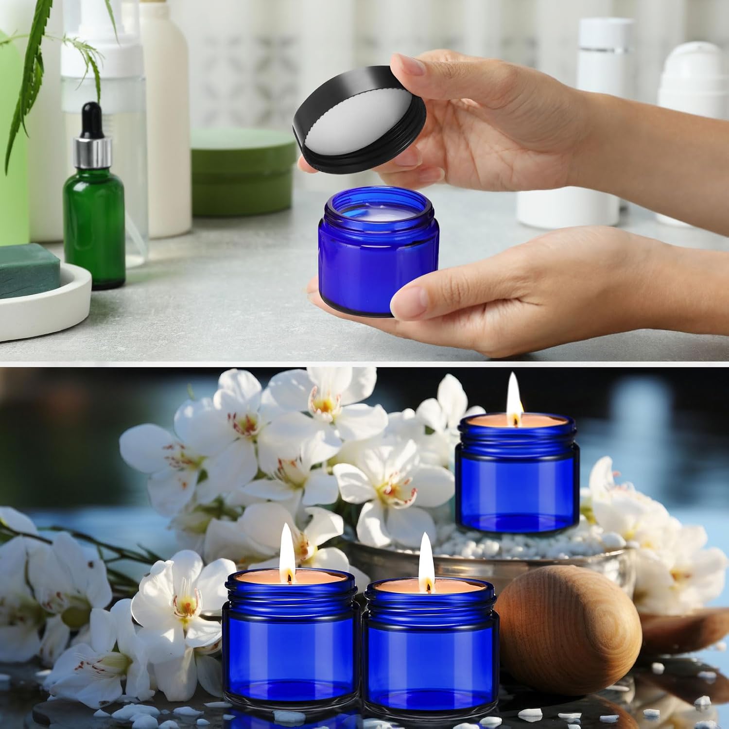 Domensi 72 Pcs 2 oz Glass Jars with Lids Travel Size Round Leakproof Empty Cosmetic Jars with Inner Liners Lid for Storing Makeup Lotions Face Cream Ointments Candle DIY Making (Cobalt Blue)-Velvo Beauty