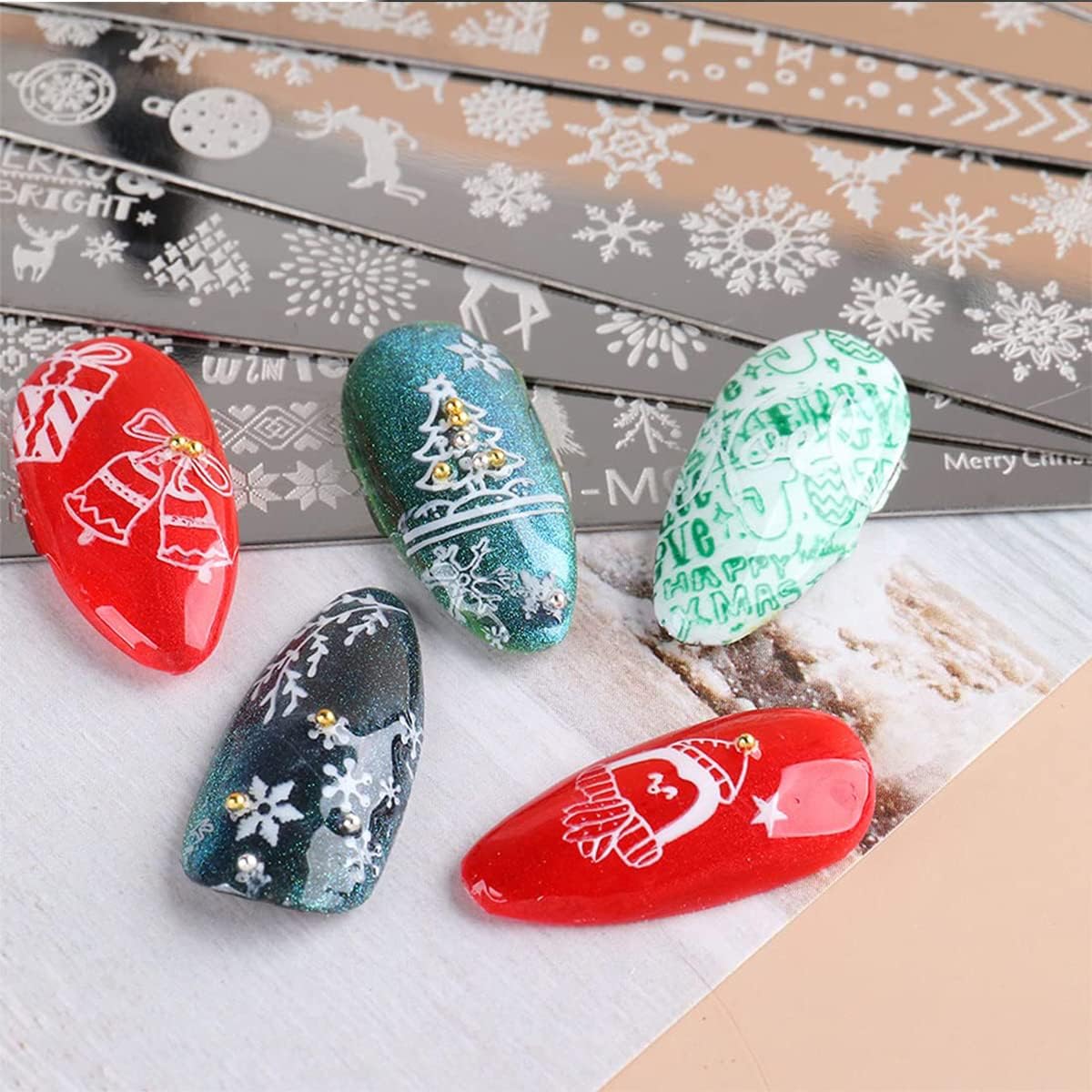 6Pcs Christmas Nail Stamp Template Kit 1 Silicone Stamper 1 Scraper Winter Snowflakes Nail Art Stamping Plates Xmas Snow Deer Bells Pine Tree Nail Stamping Image Stamp for Women Nail Art Supplies-Velvo Beauty
