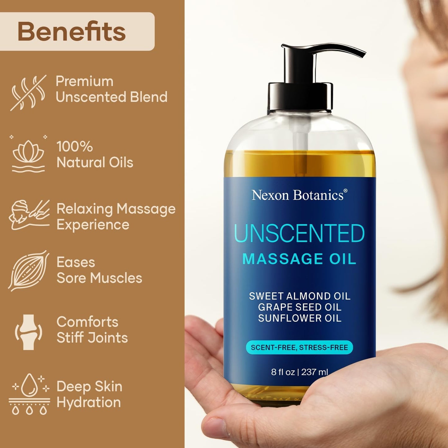 Unscented Massage Oil for Massage Therapy 8 fl oz - Refreshing and Relaxing - Natural Oils with Sweet Almond, Grape Seed and Sunflower Oil - for Men and Women - Nexon Botanics-Velvo Beauty