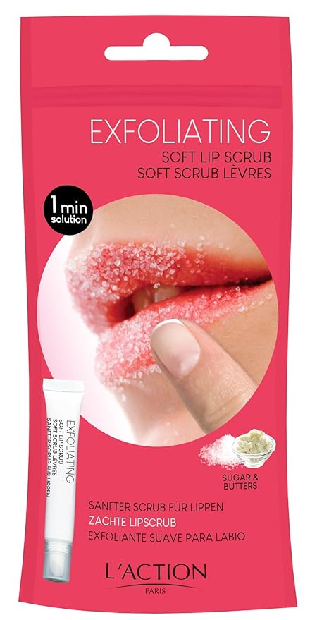 L'Action Paris Exfoliating Soft Lip Scrub, Smooth and Plumped Lips, Sugar Crystals for Gentle Exfoliation, Slanted Applicator, Soothing Shea and Mango Butter Formula 12ml-Velvo Beauty