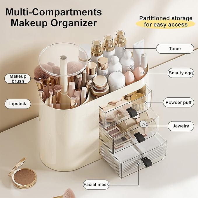 DASITON Makeup Organizer with 3 Drawers,Automatic Lifting Makeup Brush Holder with Lid,Large Capacity Makeup Organizers for Vanity,Bathroom Countertop,Ideal Storage Skin Care,Brushes,Lipstick (Cream)-Velvo Beauty