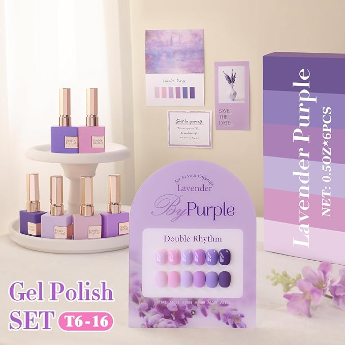 Double Rhythm 6 Pcs 15 ML Gel Polish Set Same Color Same Bottle Soak Off Gel Polish Kit Nail Art Manicure Salon DIY at Home for Women (Light Dark Purple Violet Rose Pink-T6-16)-Velvo Beauty