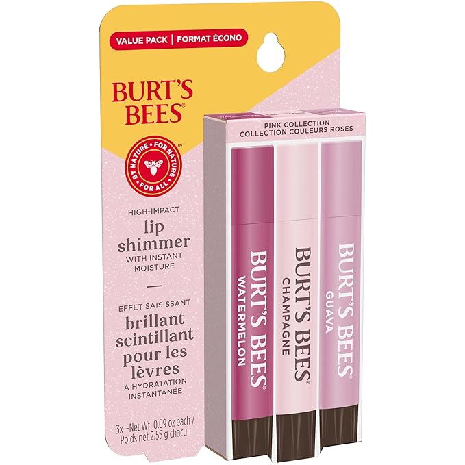 Burt's Bees Lip Shimmer Pink Collection, Tinted Lip Balm Stick, Moisturizing for All Day Hydration with Natural Glowy Pigmented Finish & Buildable Color, 3 Shades; Value Pack, 3 Tubes x 0.09 Oz-Velvo Beauty