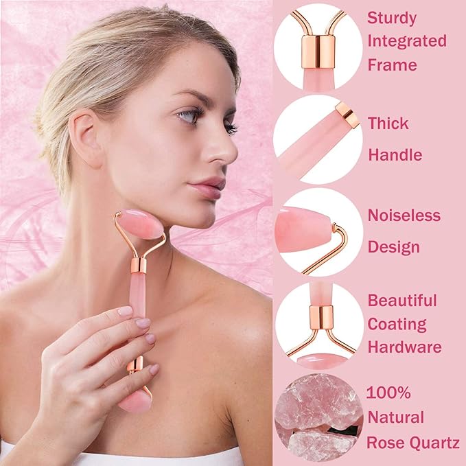 Jade Roller for Face - Rose Quartz Face Roller Skin Care - Stone Facial Roller, Face Massager for Women, Relieve Stress, Remove Wrinkles Eye Puffiness-Velvo Beauty