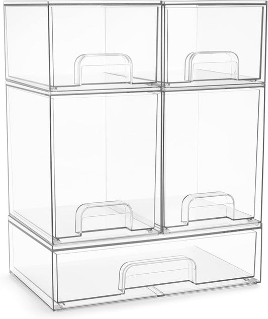 Sorbus Acrylic Storage Containers - 5 Pack, Stackable Storage Bins Set for Bathroom Organization - Clear Acrylic Drawer Organizers - Makeup Case Pull-Out Drawers (7.6’’ and 4.4’’ Tall and 12.1’’ Wide)-Velvo Beauty