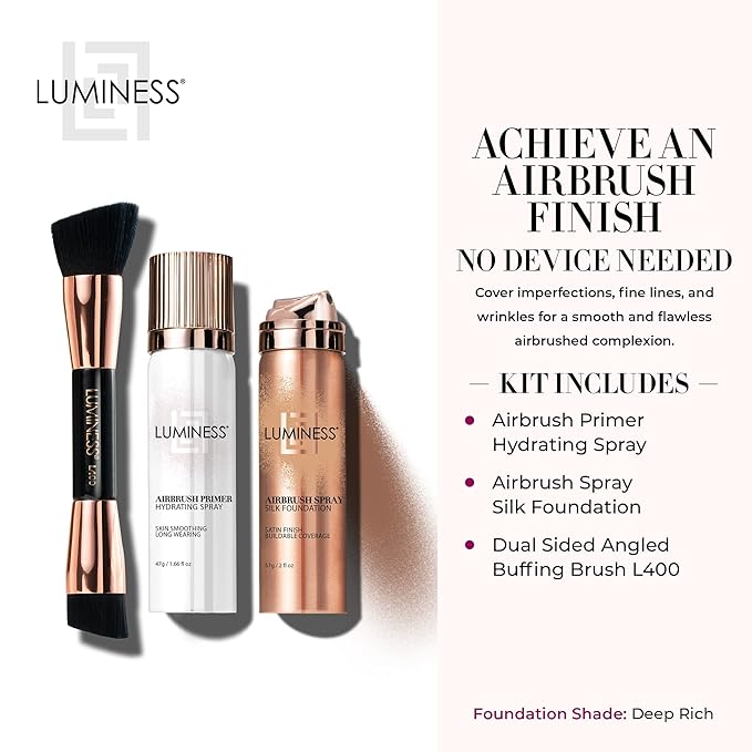 LUMINESS Airbrush Spray Silk Foundation Starter Kit - Deep Rich - Foundation, Primer & Dual-Sided Angled Buffing Brush - Medium, Buildable Coverage, Anti-Aging Formula Hydrates & Moisturizes-Velvo Beauty