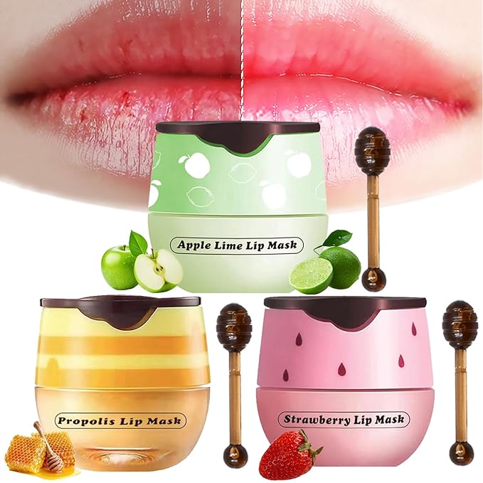 3PCS Lip Balm Honey Pot, Honey Pot Lip Balm for Dry Cracked Lips, Strawberry Lip Balm Scrubs Exfoliator & Moisturizer, Hydrating Lip Balm Honey Pot with Wand, Lip Sleeping Mask (3pcs)-Velvo Beauty