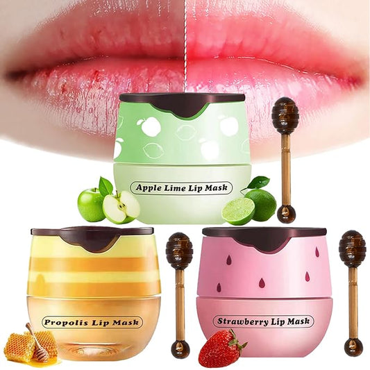 3PCS Lip Balm Honey Pot, Honey Pot Lip Balm for Dry Cracked Lips, Strawberry Lip Balm Scrubs Exfoliator & Moisturizer, Hydrating Lip Balm Honey Pot with Wand, Lip Sleeping Mask (3pcs)-Velvo Beauty