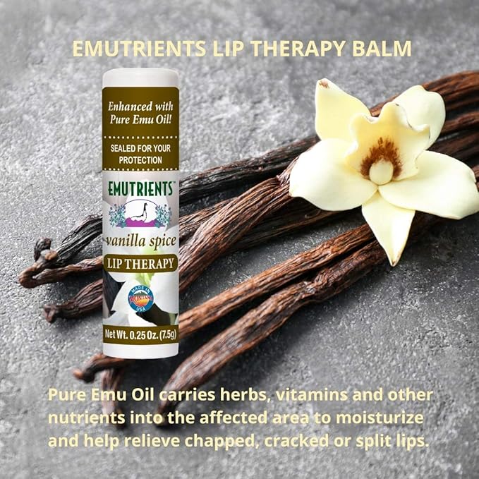 Montana Emu Ranch - Lip Therapy Lip Balm - 0.25 Ounce - Vanilla Spice Flavor - 3 Pack - Made with Pure Emu Oil-Velvo Beauty