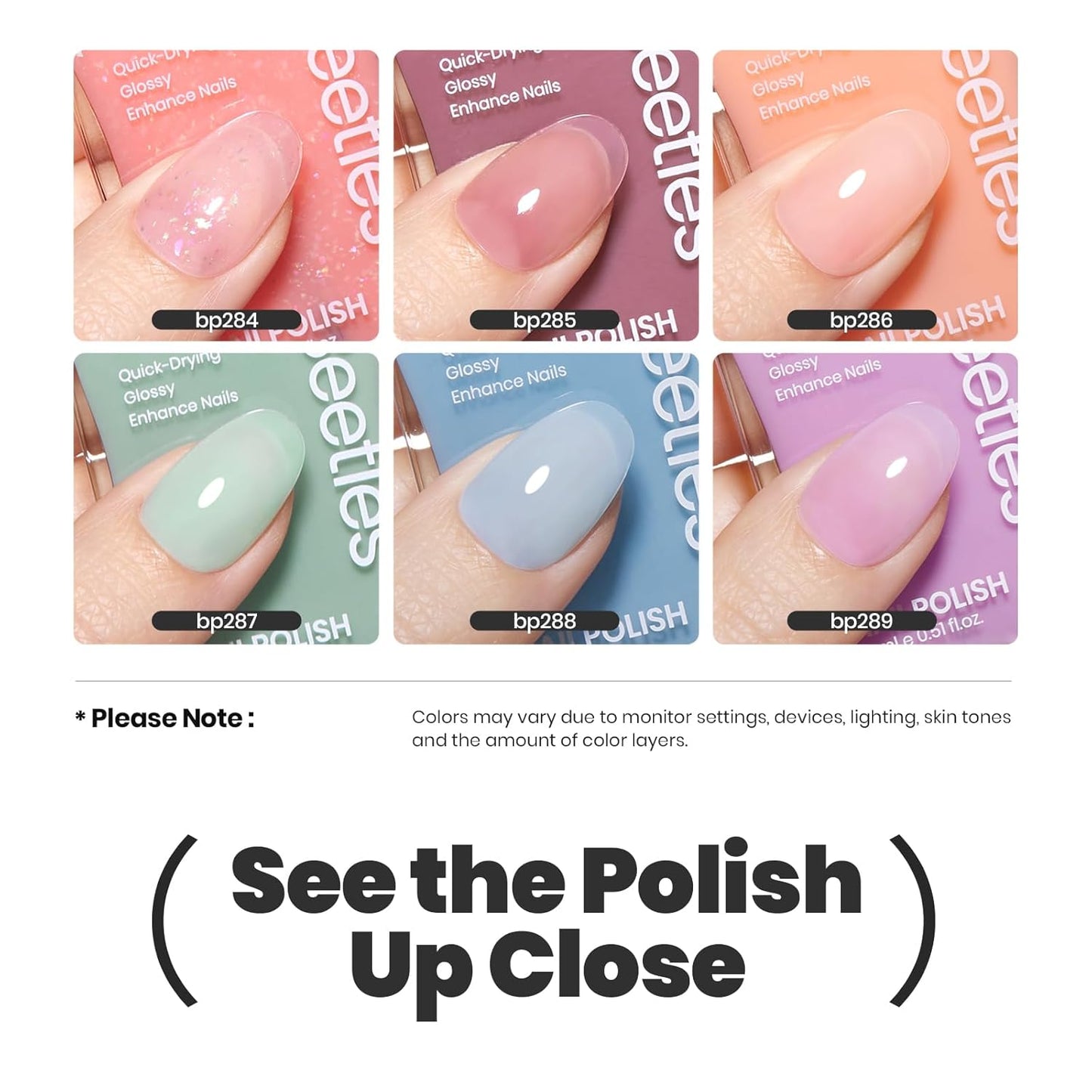 Beetles Jelly Nail Polish Set, 6 Colors Clear Pastel Nail Polish Glitter Pink Dusty Rose Orange Green Blue Purple Long Lasting & Quick Dry Nail Strengthener Polish Gift Sets for Women-Velvo Beauty