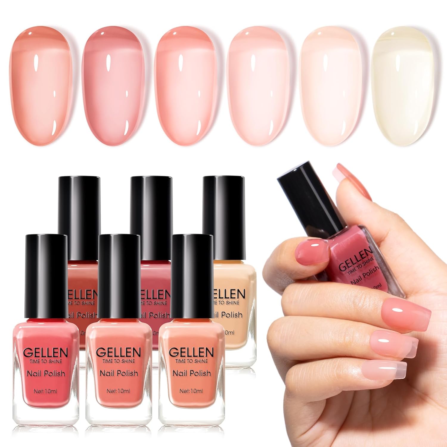 GELLEN Clear Pink Nail Polish, Sheer Pink Jelly Natural Regular Nail Polish Quick Dry Summer 6 Light Colors Set for Acrylic Natural Nails Home Salon, Chip Resistant, Non UV Gel, Hema Free, Non Toxic-Velvo Beauty
