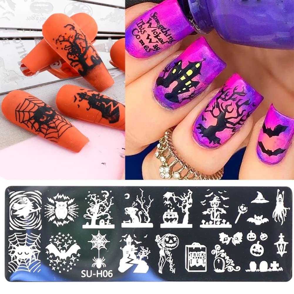 Halloween Nail Stamper Kit: 6 Pcs Stamp Template Plates with 1 Stamper, 1 Scraper - Horror, Ghost, Pumpkin, Skull, Bone Images - DIY Nail Art Set-Velvo Beauty