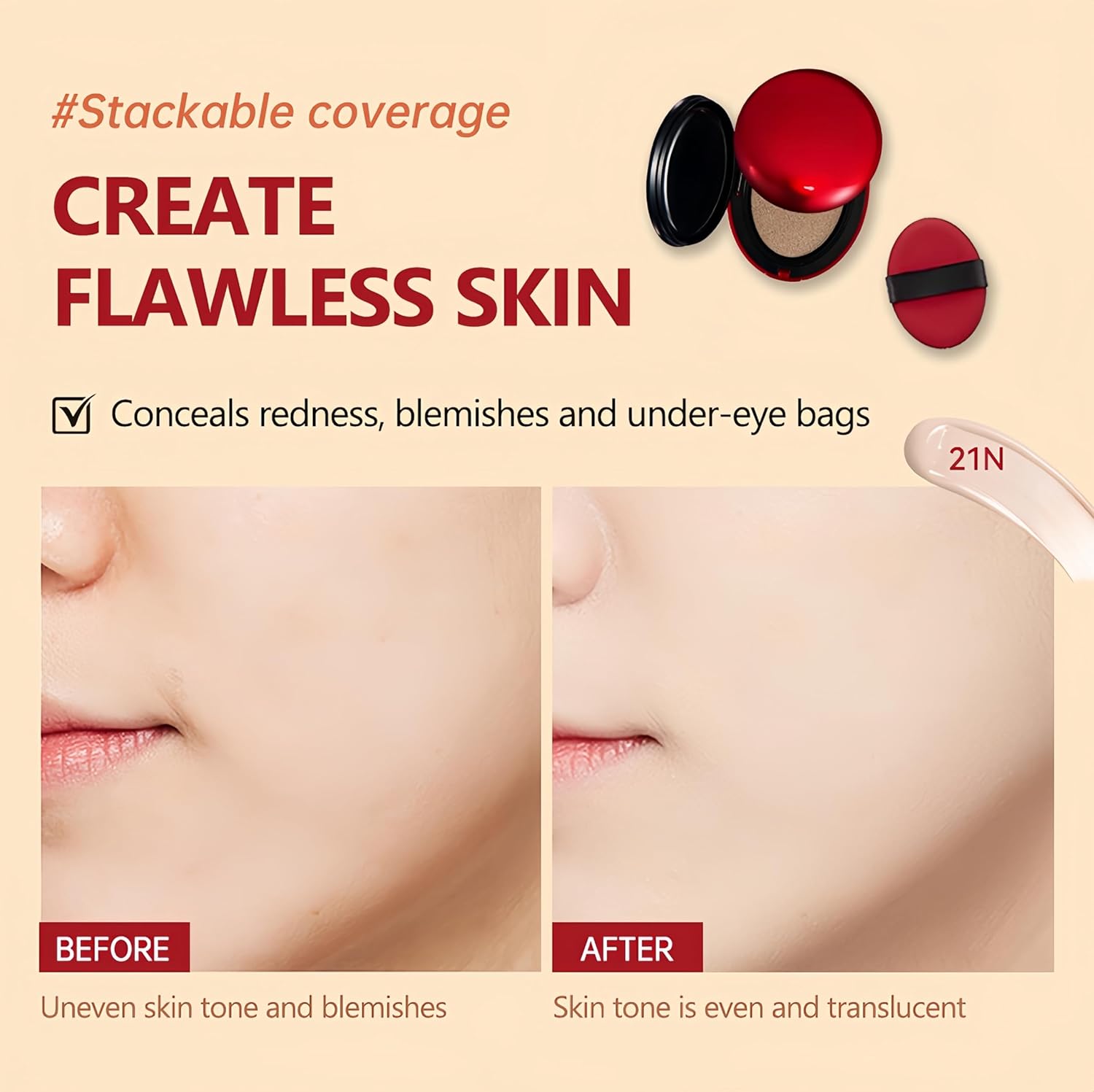 MAEPEOR Cushion Foundation 9 Colors Full Coverage Weightless Satin Glow Foundation Hydrating Long-Lasting Cushion BB Cream (Color 06)-Velvo Beauty