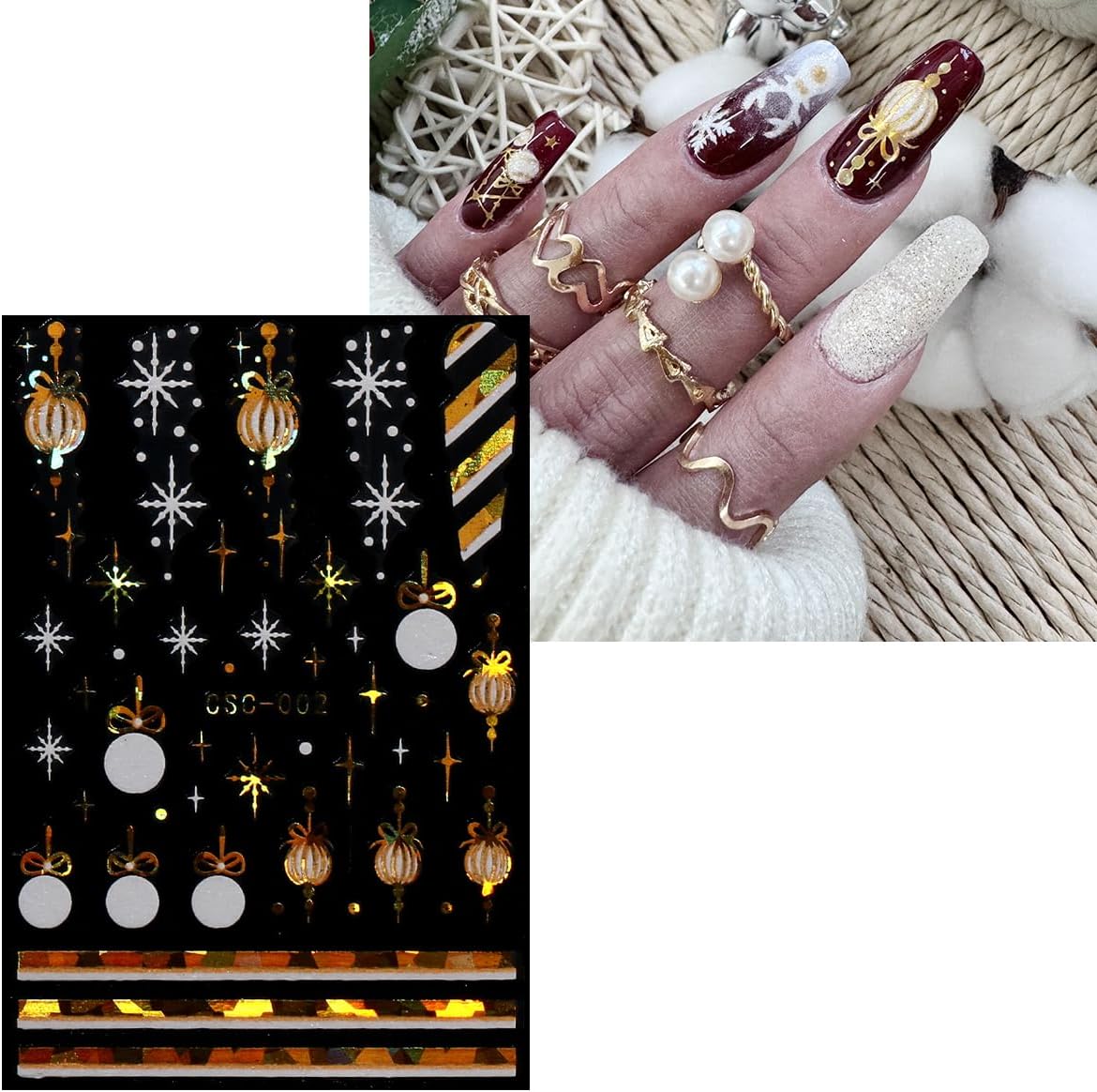 JMEOWIO 8 Sheets Christmas White Glitter Gold Nail Art Stickers Decals Self-Adhesive Snowflake Winter Holiday Nail Supplies Nail Art Design Decoration Accessories-Velvo Beauty