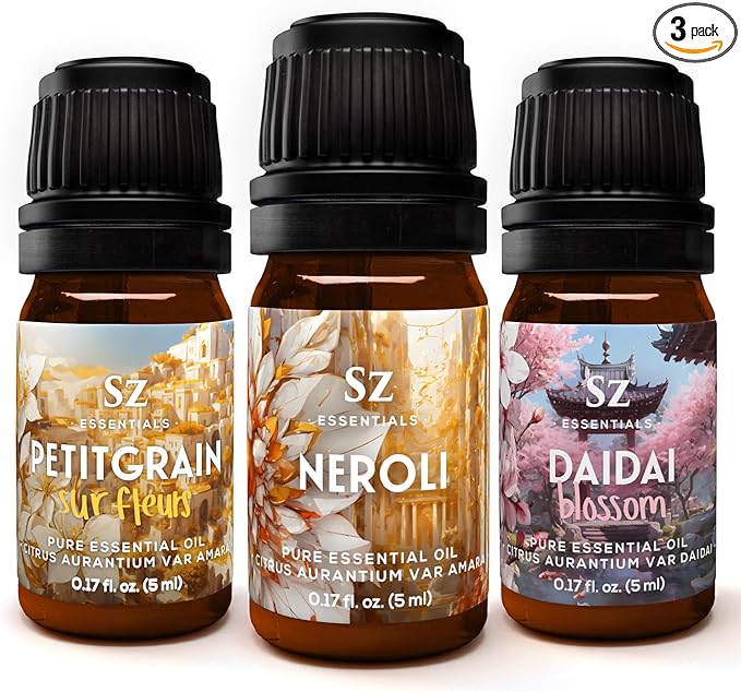 Neroli Soul Trip Essential Oils Collection- Neroli + Petitgrain Sur Fleurs + Dai Dai Blossom -Set of 3 Bottles (0.17 Fl Oz- 5ml each)- 100% Pure & Undiluted - Therapeutic Grade & Vegan-Velvo Beauty
