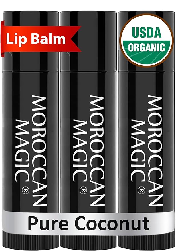 Moroccan Magic Organic Pure Coconut Lip Balm 3 Pack | Ultra-Hydrating Argan & Essential Oil Lip Moisturizer + Vitamin E | Natural Chapsticks for Dry Lips | Smooth, Non-Toxic | Organic Lip Balm Set-Velvo Beauty