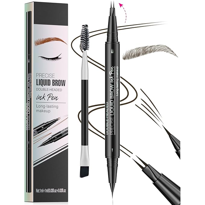 Microblading Eyebrow Pen, Curved Eyebrow Pencil 2-in-1 Dual-Ended Eyebrow Pencil 2-Fork-Tip and Single Tip Creates Natural Eyebrows Waterproof Long-lasting (Black Brown)-Velvo Beauty