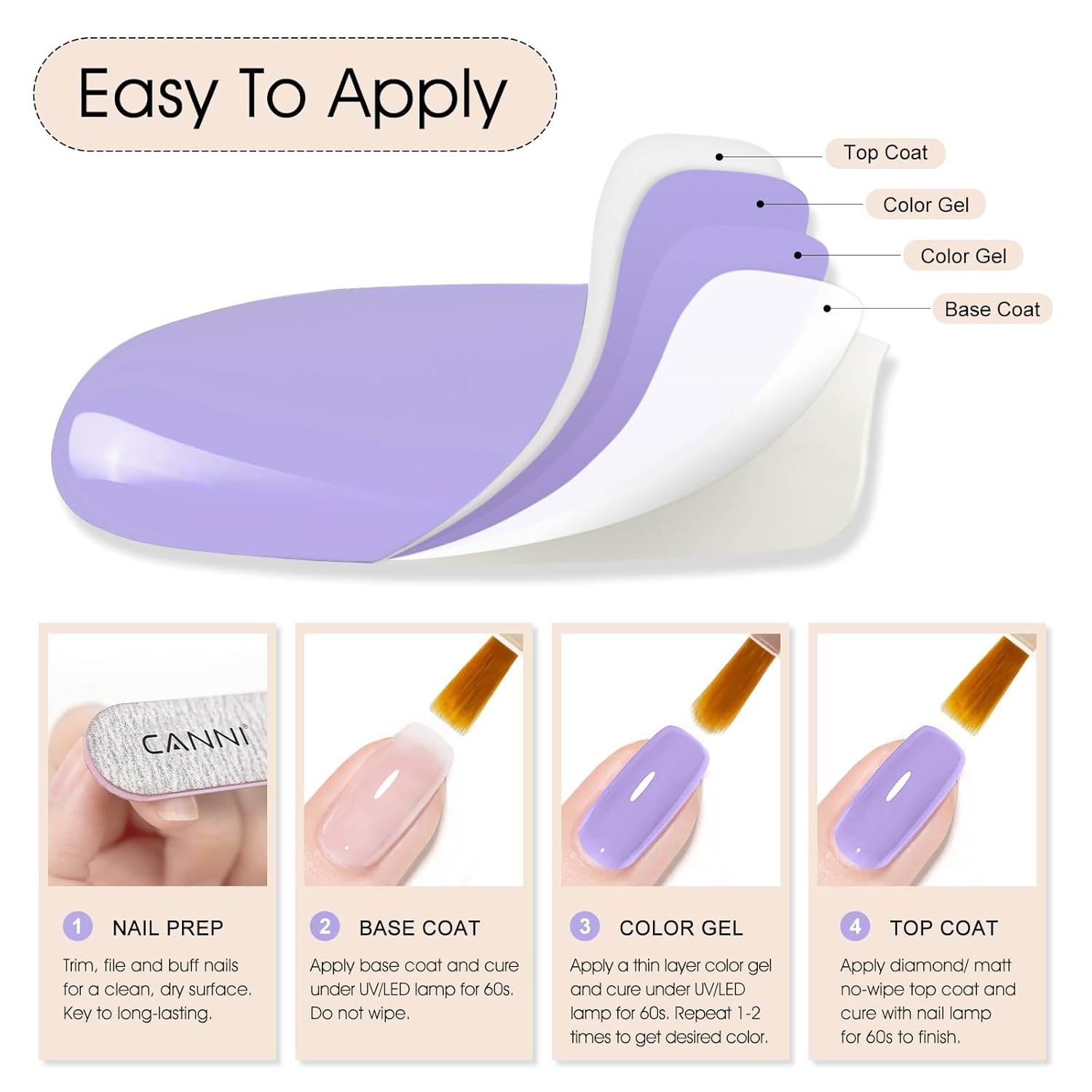 CANNI Purple Gel Polish, 1Pcs Gel Polish Purple Color Pale Violet Nail Polish Gel High Gloss Soak Off U V Gel Nail French Nail Manicure Salon DIY-Velvo Beauty