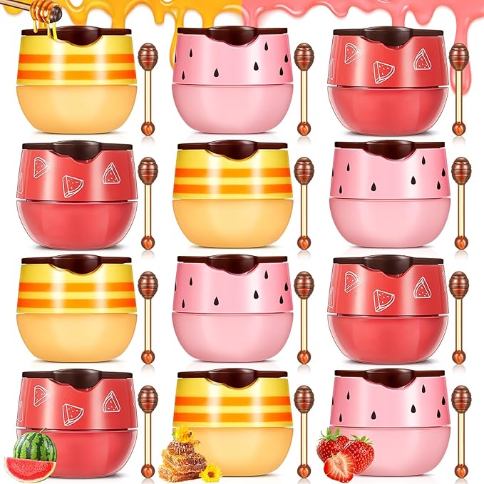 12 Pcs Bee Lip Balm Honey Pot with Brush Propolis Lip Mask Overnight, Moisturizing Hydrating Lip Sleeping Mask Prevention Dry and Cracked(Honey+Strawberry+Watermelon)-Velvo Beauty