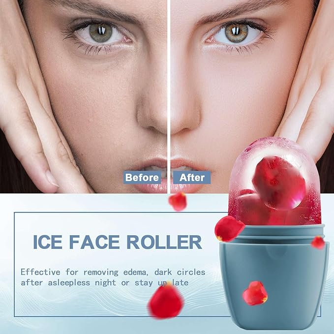 XHJRI Ice Face Roller Massager,Ice Cube Roller for Face, Eyes and Neck Naturally Conditioning and Skin Care,De-Puff Eye Bags,Reduce Migraine Pain,Reusable Massage Silicone Ice Mold (New Blue)-Velvo Beauty
