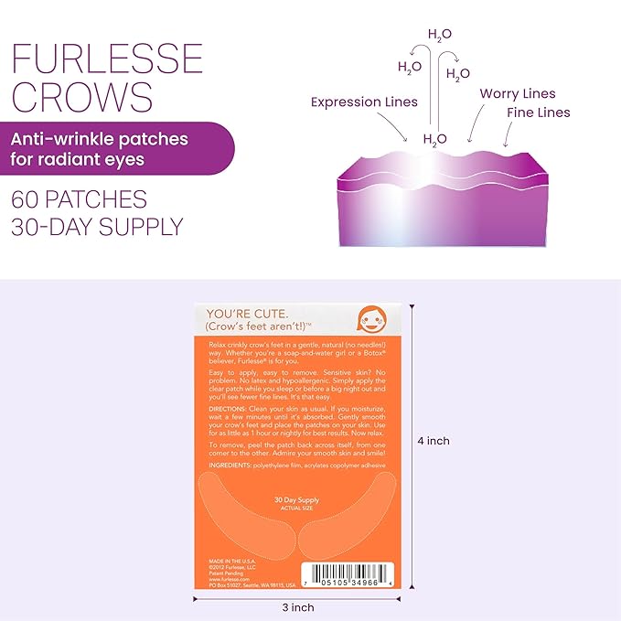 Furlesse Crows Wrinkle Patches, Overnight Eye Patches for Wrinkles and Crow’s Feet Lines, Non-invasive Anti-Wrinkle Patches, Anti-aging Skincare, 60 Patches, 30-Day Use-Velvo Beauty