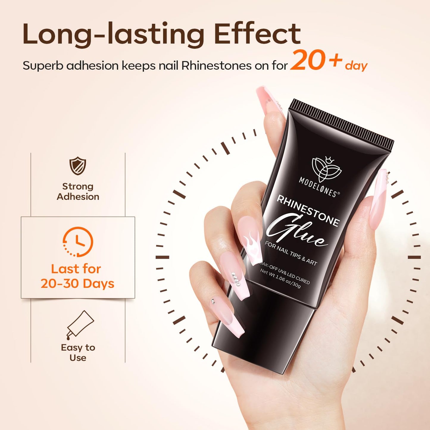 Modelones Manicure Tables Supports Growth 4-in-1 Rhinestone Glue - Super Strong for Press On Nails, Gems, Charms & Rhinestones, No Wipe Nail Art Glue, 30g Cured Needed-Velvo Beauty