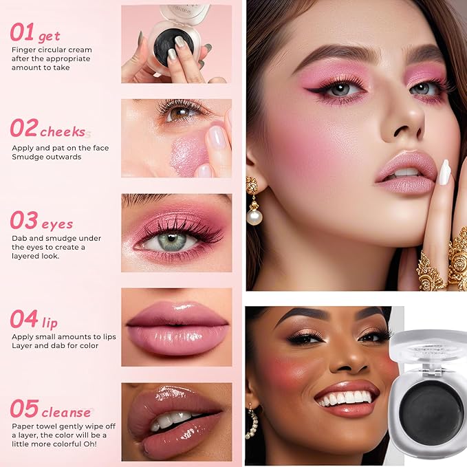 Cream Blush Makeup, Natural Pink/Black Glossy Face Blusher, Color Changing Cream Blush for Cheek and Lip Tint, Blendable Formula, Matte and Dewy Finish Lightweight Blush Makeup (Black, One)-Velvo Beauty