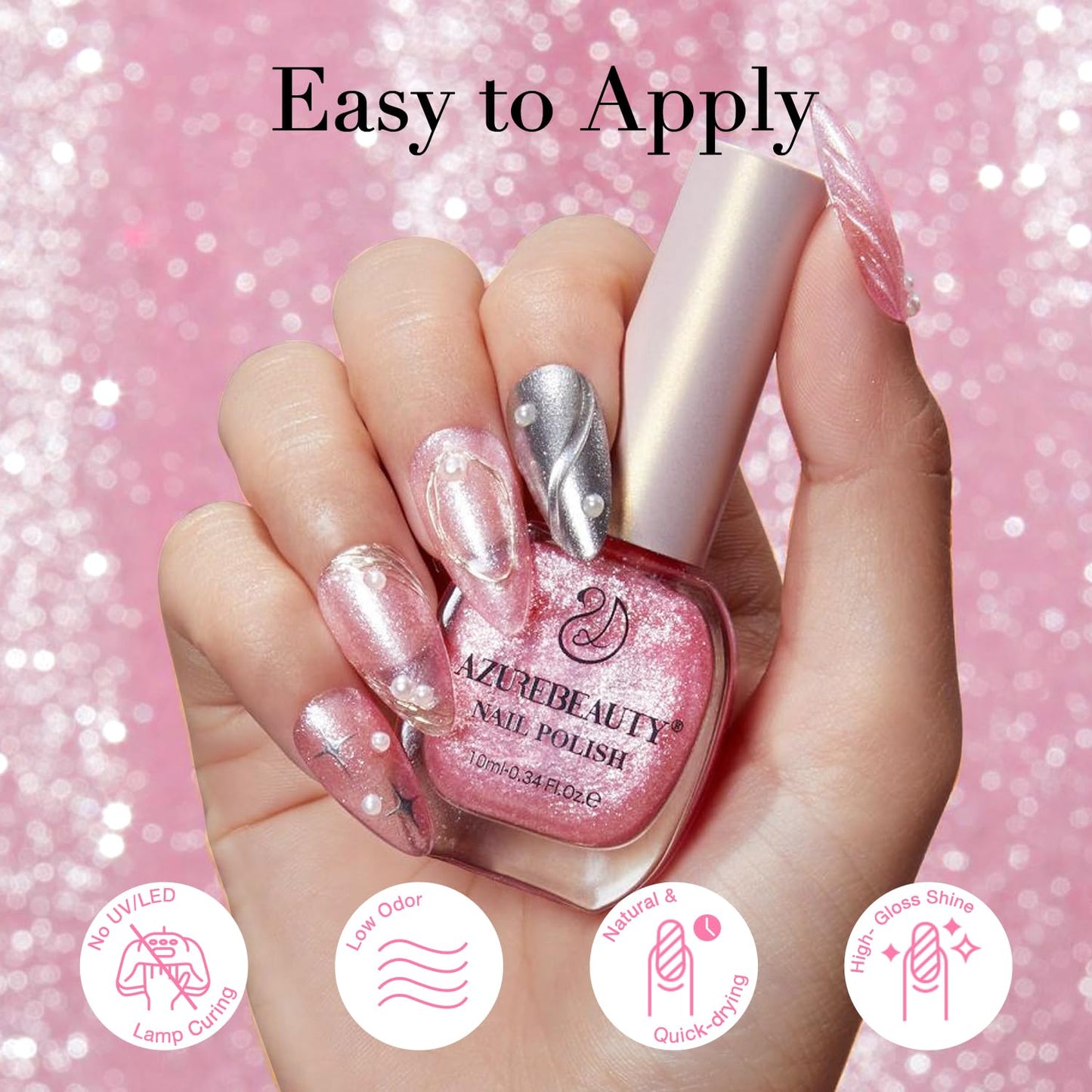 AZUREBEAUTY Glitter Pink Nail Polish no Gel Quick Dry Natural Shine Nail Lacquer Fingernail Polish Salon-Quality for Women 10ml-Velvo Beauty