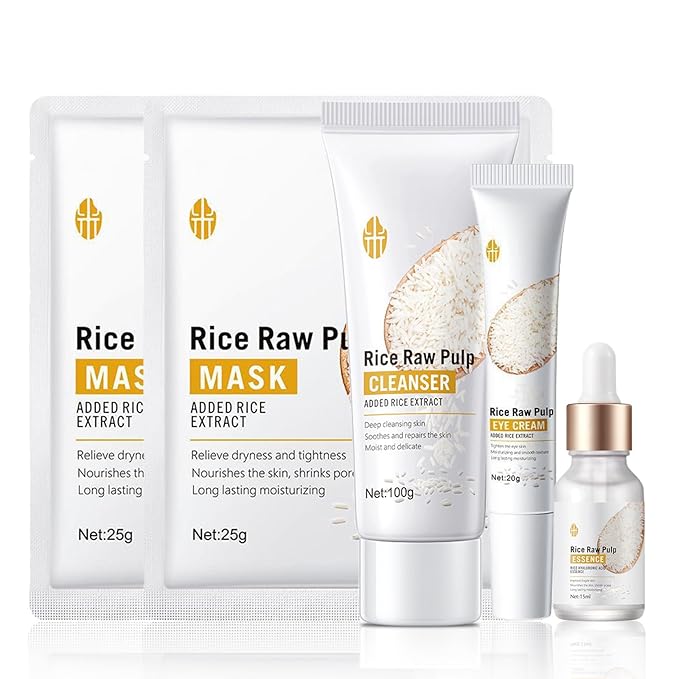 Rice Skin Care Sets For Women, 5/6Pcs Skin Care Kit, Moisturizing Skin Care Gift Set , Face Care Kit Inclusde Rice Mask, Cleanser, Toner, Lotion, Eyecream, Face Serum (5pcs Rice Raw Pulp)-Velvo Beauty