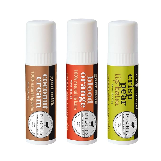 Dionis Goat Milk Skincare Fruity & Delicious Lip Balm Gift Set - Beeswax, Shea Butter & Coconut Oil Lip Care Products Made in The USA - Cruelty Free Lip Moisturizer For Dry Chapped Lips, 0.28oz 3 Pk-Velvo Beauty