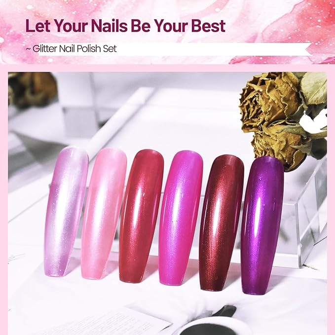 10ml 6 Colors Red Glitter Nail Polish Set Glitter Rose Red Pink Deep Purple Series Nail Polish Gifts for Women-Velvo Beauty