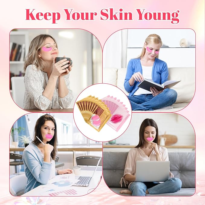 30 Pads Lip Masks & Eye Masks,Under Eye Mask Skincare,Crystal Collagen Lip Mask Sheet,Under Eye Patches for Puffy Eyes and Dark Circles,Moisturizing,Anti-Aging,Reducing Fine Lines,Pink-Velvo Beauty