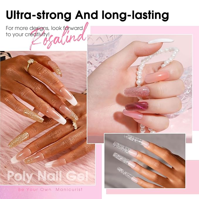ROSALIND Poly Nail Gel Kit -12 Colors + Nail Art Accessories kit Clear Nude Poly Nails Gel Kit Starter Kit With Slip Solution Pro Nude Pink Nail Extensions Gel Set with Mini UV Lamp-Velvo Beauty