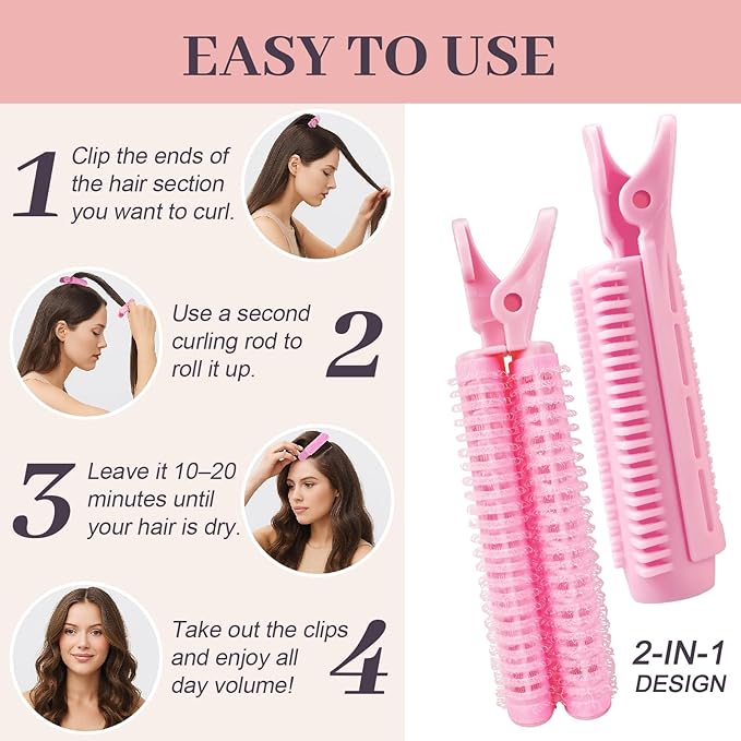4PCS Volumizing Hair Clips for Root Lift & Volume - Instant Bangs Roller Clips for Effortless Curls & Lift - Velcro Rollers For Hair - Hair Rollers For Women - Pink-Velvo Beauty