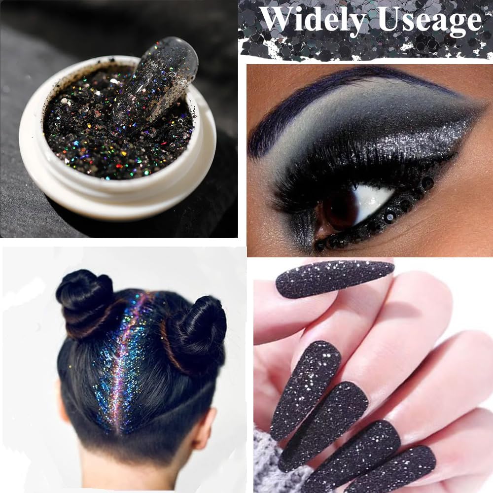 3 Boxes Black Nail Rhinestones with Fine Glitters Kit, 60Pcs Big Assorted Black Nail Gems with S6-S16 Flatback Round Stones,Crystals Nail Gem Stones for DIY Faces Body Crafts-Velvo Beauty