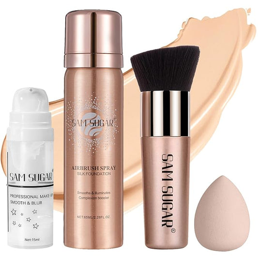 AirBrush Foundation Spray Set, Spray Foundation Makeup and Hydrating Face Primer Kit, Longwear Waterproof Liquid Matte Foundation Mist for Flawless Look, Brush and Sponge Include (#3 Nude)-Velvo Beauty