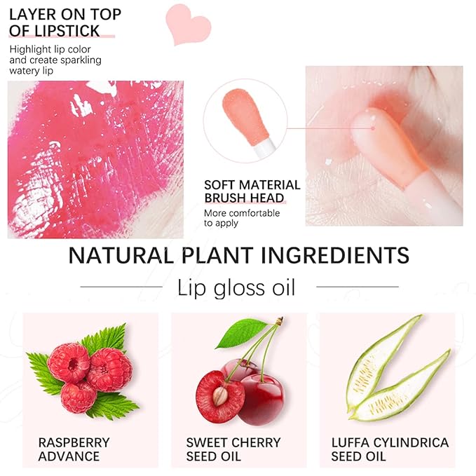 Plumping Lip Oil, Hydrating Lip Glow Oil Cherry, Plumper Lip Gloss Oil Set Clear, Lip Oil Tinted for Lip Care and Dry Lips, Long Lasting Nourishing Lip Glow Oil,Lip Plumper Gloss(001 PINK)-Velvo Beauty