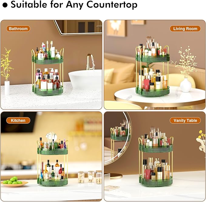Awenia Rotating Makeup Organizer 360, Stackable Adjustable Large Capacity Cosmetic Storage Unit,Dresser Bathroom Kitchen Countertop Organizer with Metal Handle, Plus Size (Gem Green, 2 Tier)-Velvo Beauty